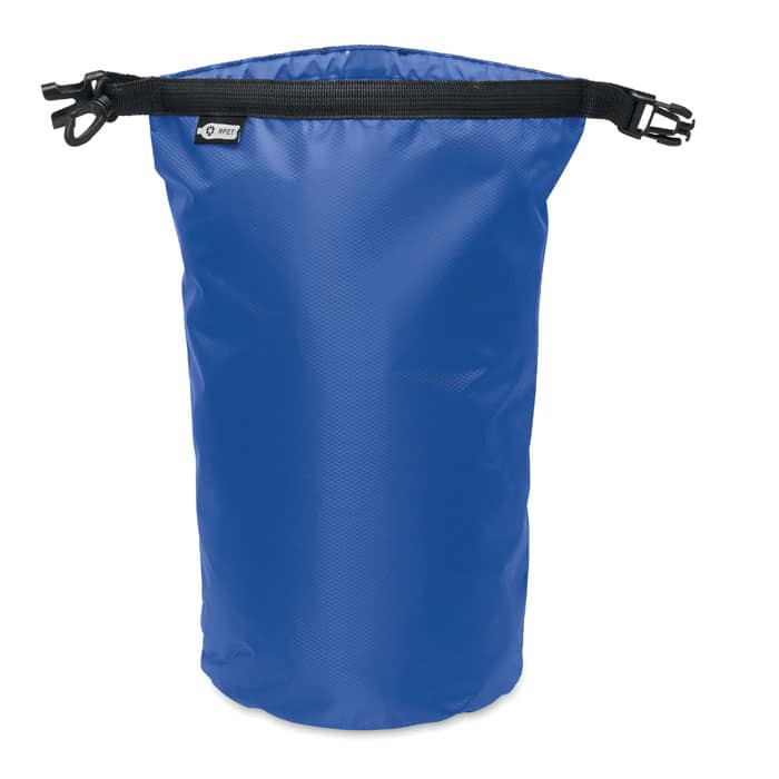 A blue dry bag with a drawstring closure and a secure clip, featuring a simple branding logo.