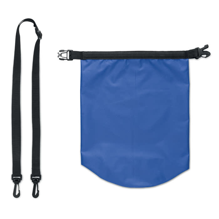 A blue bag with a black strap and clip, featuring a roll-top closure and smooth, waterproof material.