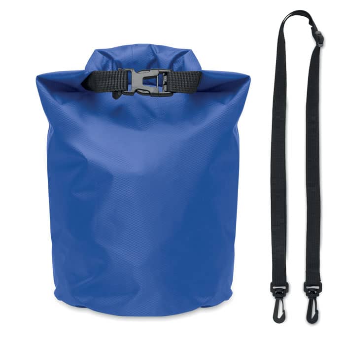 A blue waterproof bag with a roll-top design and black adjustable straps. It features a clip closure and a textured surface.