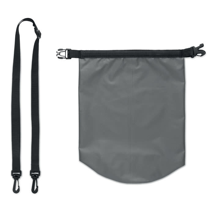 A grey waterproof pouch with adjustable straps and a closure at the top, featuring a logo.