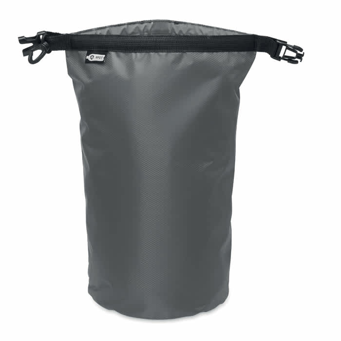 A grey waterproof dry bag with a drawstring closure and adjustable straps, featuring a logo.