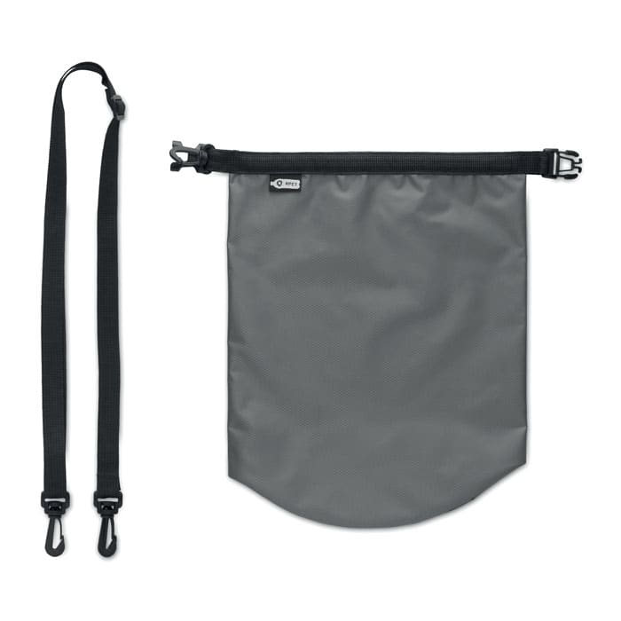 A grey, waterproof bag with a drawstring closure and adjustable black straps. It features a logo on the side.