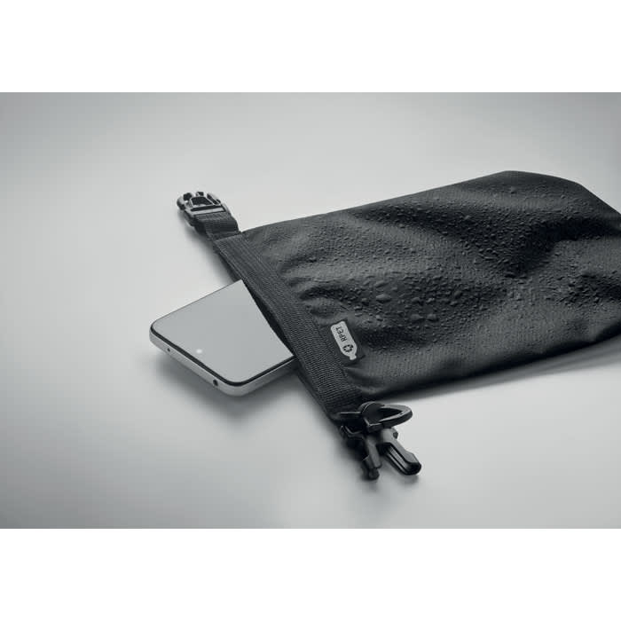 A black waterproof pouch with a smartphone partially inserted, featuring zipped closures and a logo.