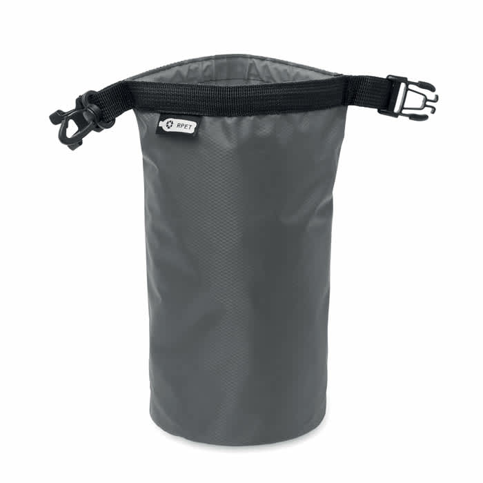 A grey, cylindrical storage bag with a black strap and a logo on the side.