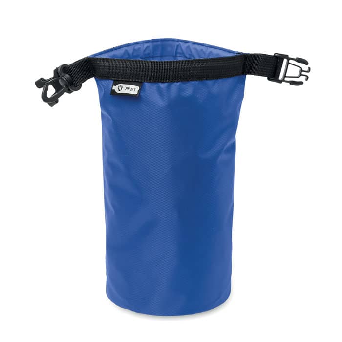 A blue cylindrical bag with a black adjustable strap and a small logo on the side.