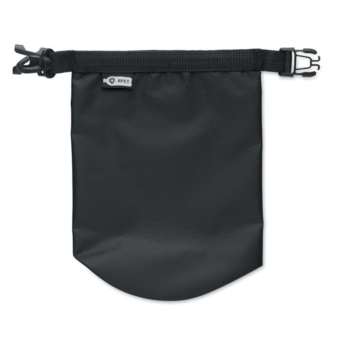 A black pouch with a secure drawstring closure and a clip for attachment, featuring a logo on the side.