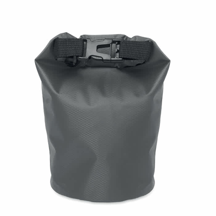 A roll-top waterproof bag in grey with a buckle closure. It has a textured surface and a cylindrical shape.