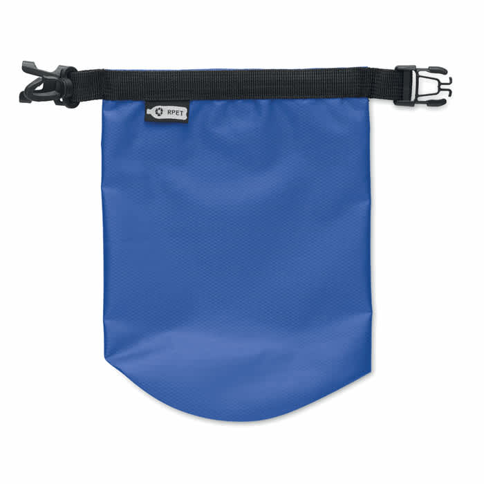A blue waterproof bag with a black adjustable strap and a logo on the top.