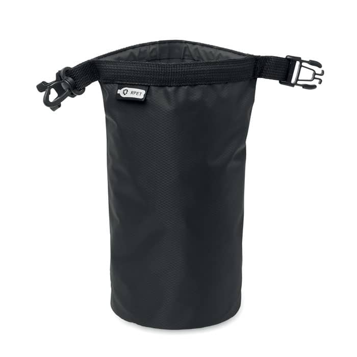 A black cylindrical bag with a drawstring closure and adjustable strap, featuring a small logo on the side.