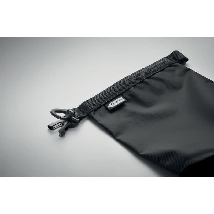 A black, waterproof pouch with a zip closure and a loop for attaching accessories, featuring a small logo.