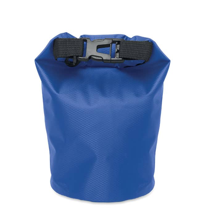 A blue waterproof bag with a secure buckle closure, featuring a textured surface and cylindrical shape.
