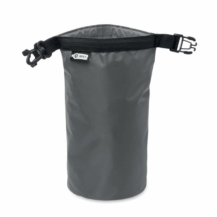 A grey, cylindrical storage bag with a black strap and buckle, featuring a small logo on the side.