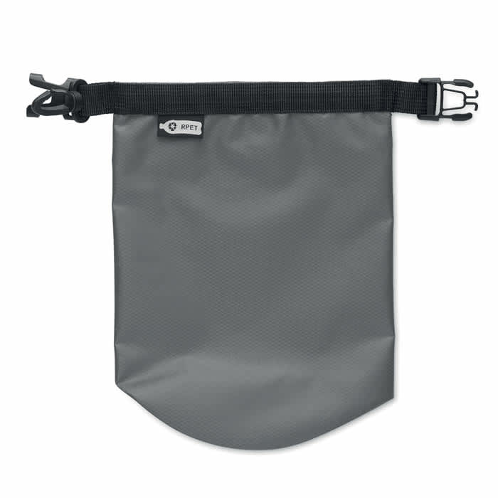 A grey, foldable pouch with a black strap and buckle, featuring a logo on the front.