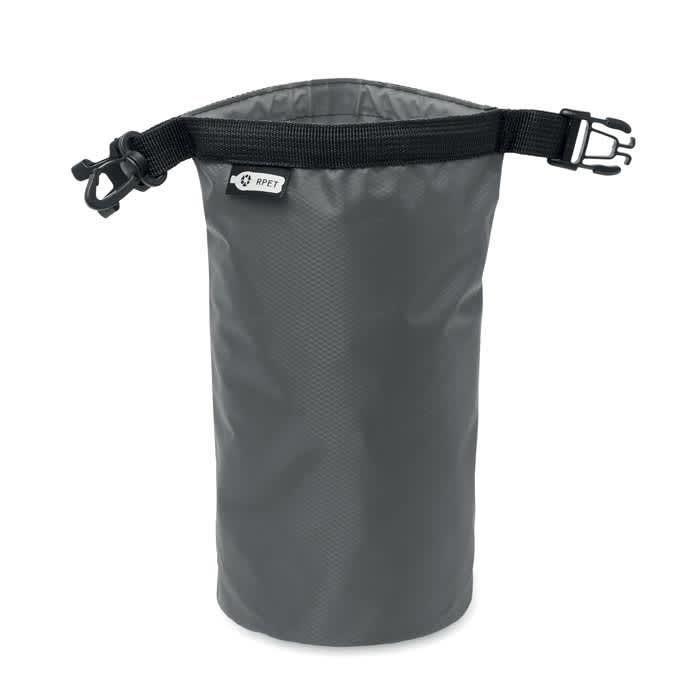 A grey, cylindrical bag made of durable material with a black drawstring and fastening clips, featuring a small logo.