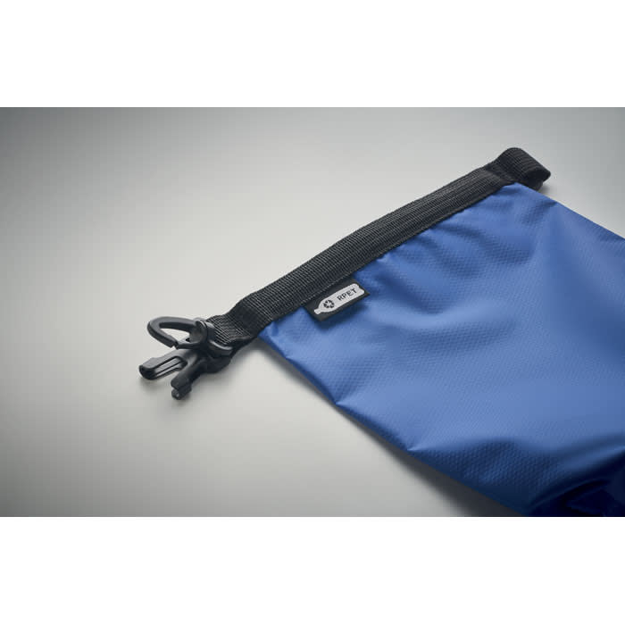 A blue pouch with a black drawstring closure and a small logo tag.