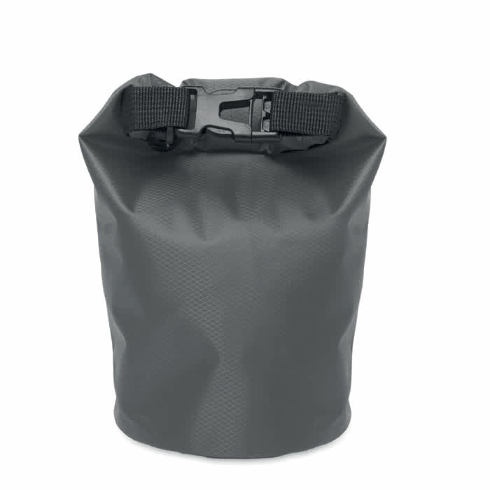 A drink bottle in a dark grey waterproof bag with a secure strap closure and branding on the front.