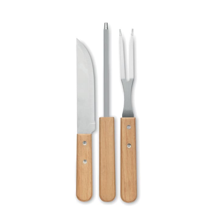 A set of three stainless steel utensils with wooden handles, including a knife, a fork, and a sharpening rod.