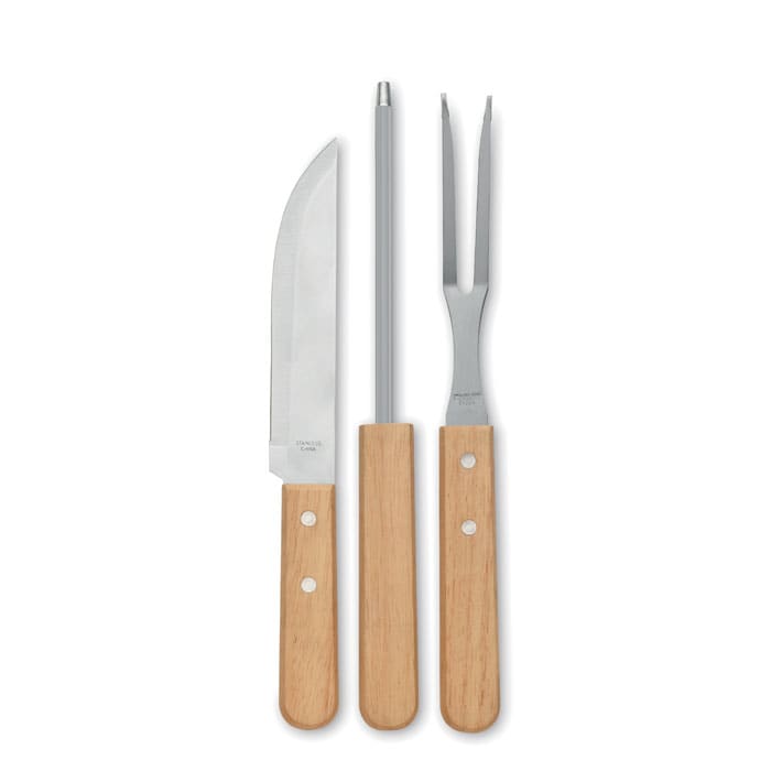 A set of three stainless steel barbeque tools with wooden handles, including a knife, fork, and sharpening rod.