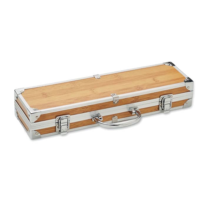 A bamboo tool box with silver metal edges and a handle, designed for storage and organisation.