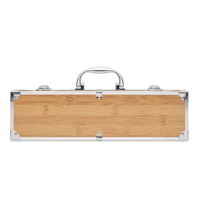 A bamboo knife case with a silver handle and metal accents, featuring a flat design and secured ends.