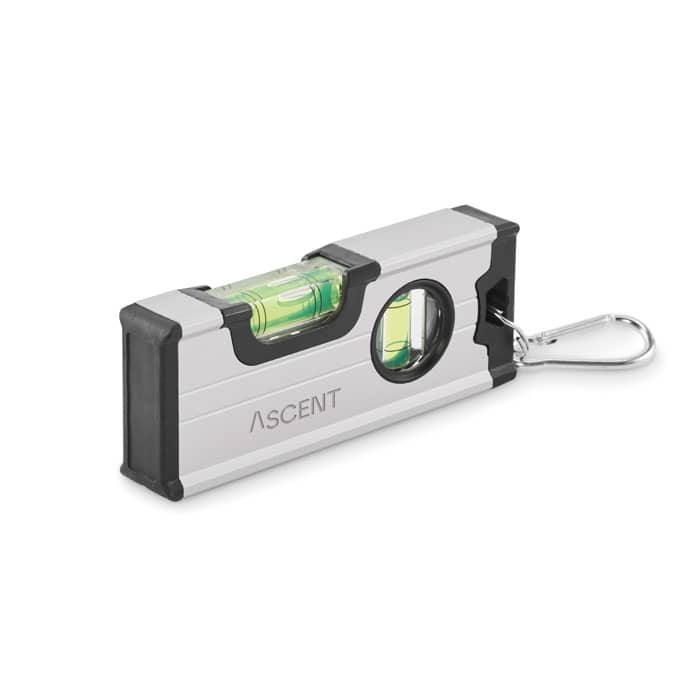 A level tool with a silver and black casing featuring a bubble level and a keychain attachment.