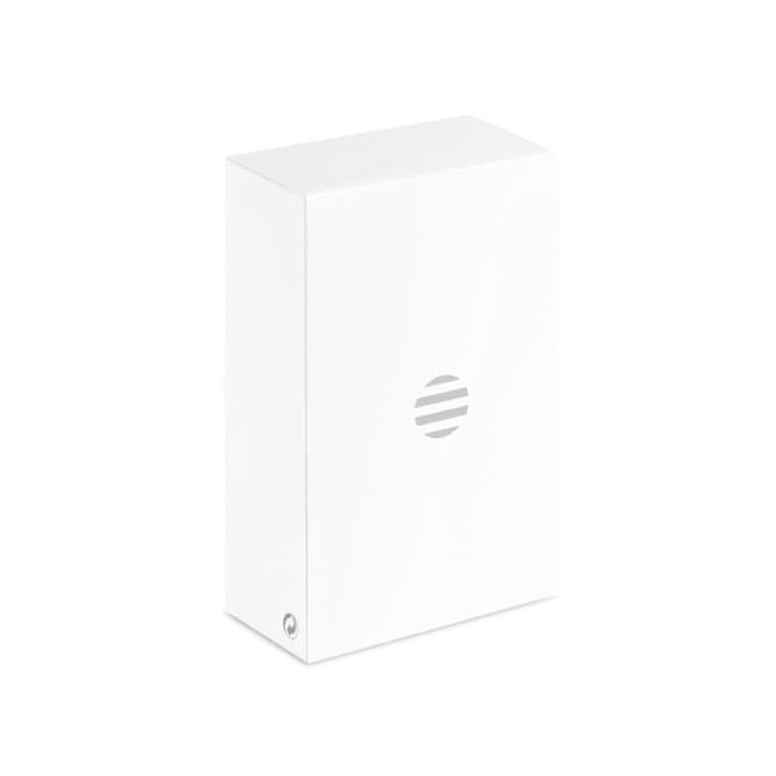 A white box with a circular logo on the front, featuring a minimalist design.