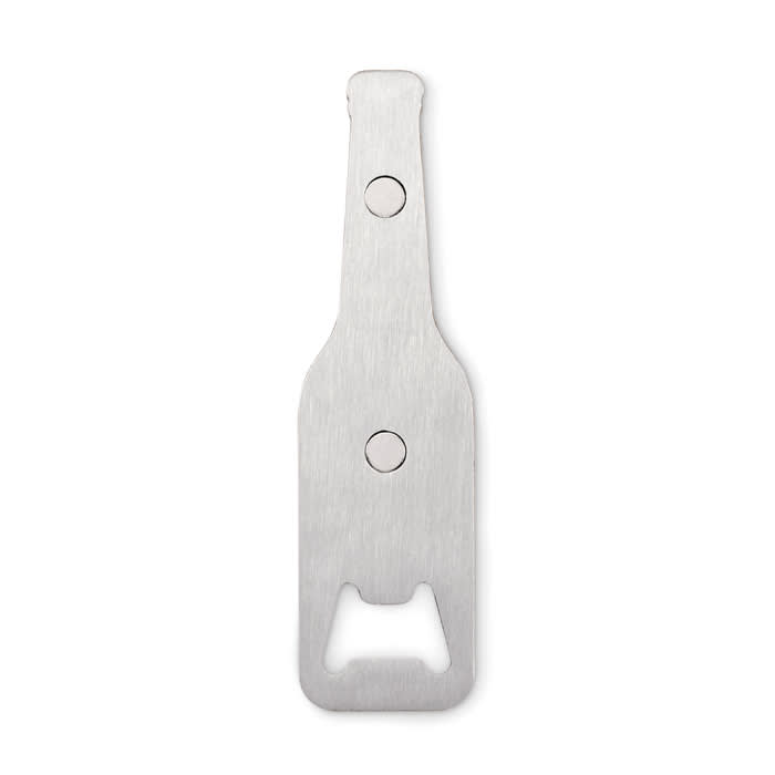 A bottle opener with a sleek stainless steel finish, featuring a simple design and integrated bottle cap remover.