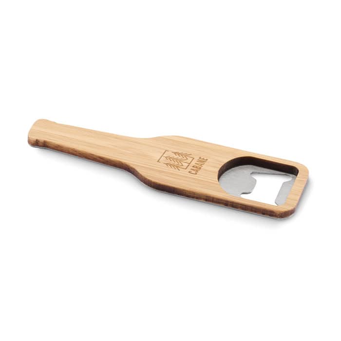 A bamboo bottle opener with a circular cutout for opening caps and a branded design on the handle.