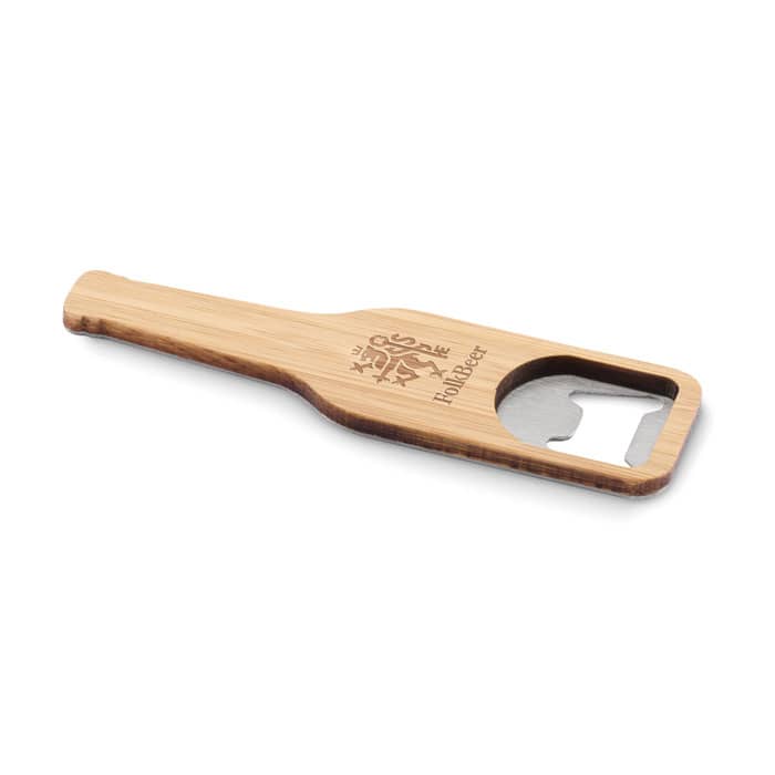 A bottle opener made of bamboo, shaped like a bottle, featuring an engraved logo.