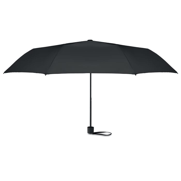 A black umbrella with a simple design and a handle, featuring a branding logo on the shaft.