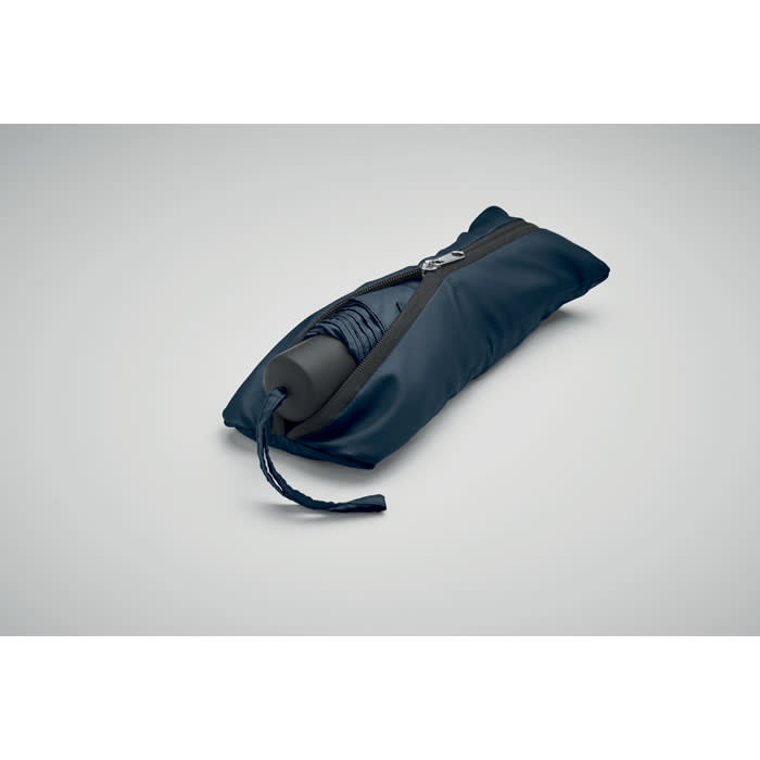 A drink bottle in a navy zippered pouch, featuring a drawstring closure. The pouch is sleek and compact.