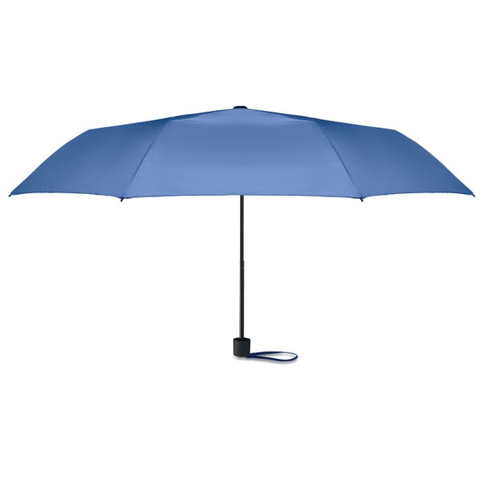 A blue umbrella with a black handle and strap, featuring a solid canopy and a central support.