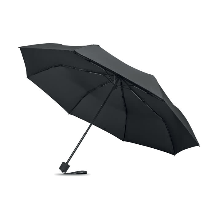 A black umbrella with a sleek design and a straight handle, featuring a logo on the canopy.