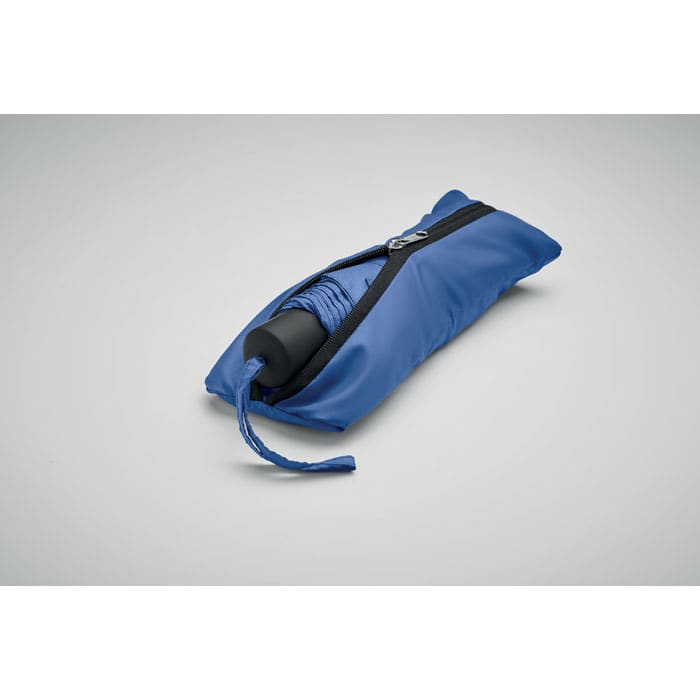 A blue umbrella stored in a compact pouch with a zipper, featuring a matching blue design.
