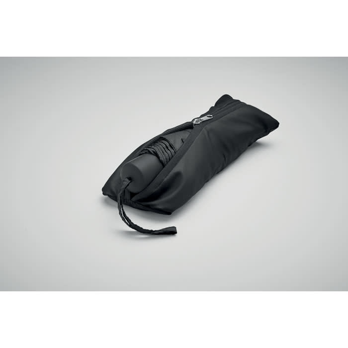 A drink bottle in a black pouch, featuring a zip closure, designed for portability and convenience.