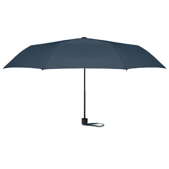 A navy blue umbrella with a black handle and strap, featuring a sleek, minimalist design.
