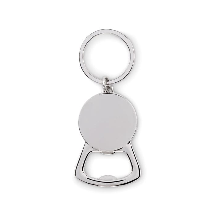 A silver keyring bottle opener with a circular body and a loop attachment. Features a sleek, shiny design.