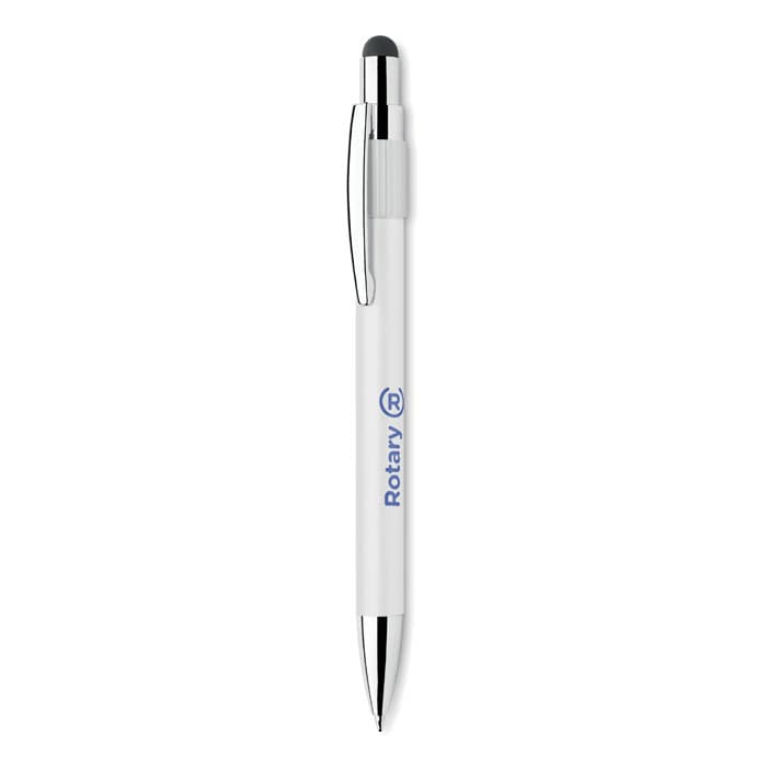 A white pen with a black rubber tip and a silver clip; features a branding logo.
