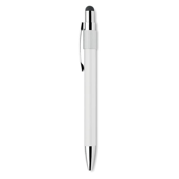 A pen with a white body and chrome accents, featuring a stylus tip at the top. It has a branding logo.