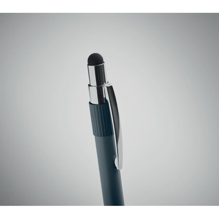 A pen with a metallic clip and a black stylus tip, featuring a dark blue barrel and a polished finish.