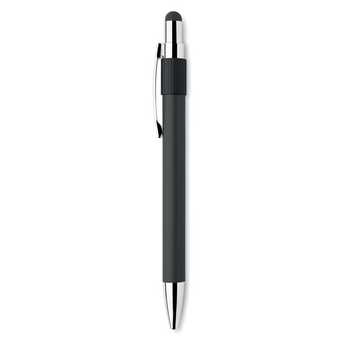 A dark grey pen with a chrome clip and a stylus tip, featuring a simple design and branding.