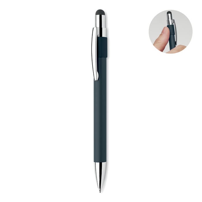 A blue pen with a silver clip and tip, featuring a stylus on the opposite end.