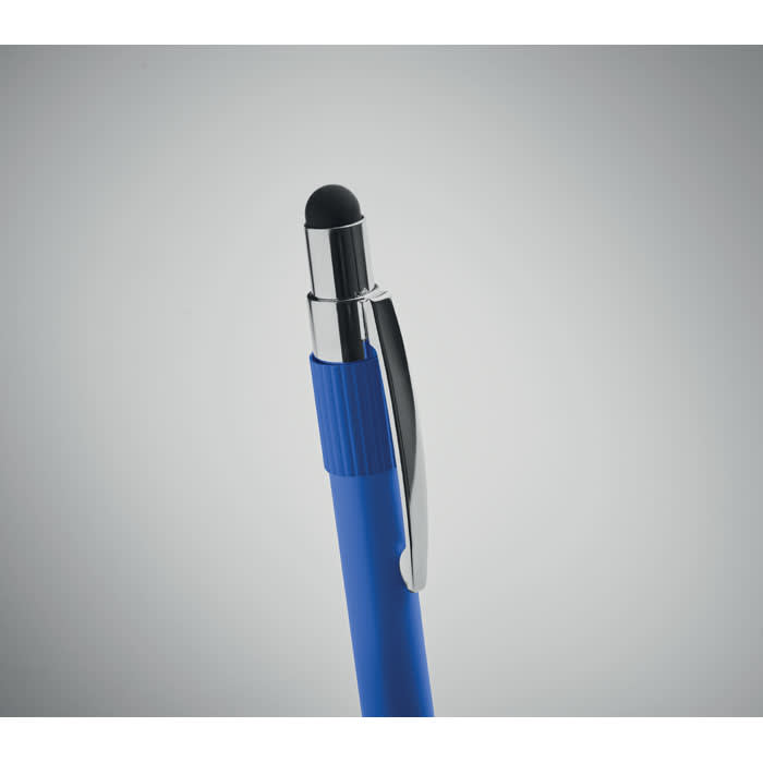 A blue pen with a chrome clip and a black rubber grip on the top. It features a stylus tip.