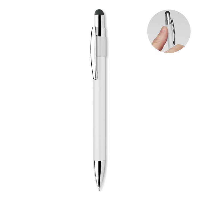 A white pen with a silver clip and tip, featuring a stylus on one end.