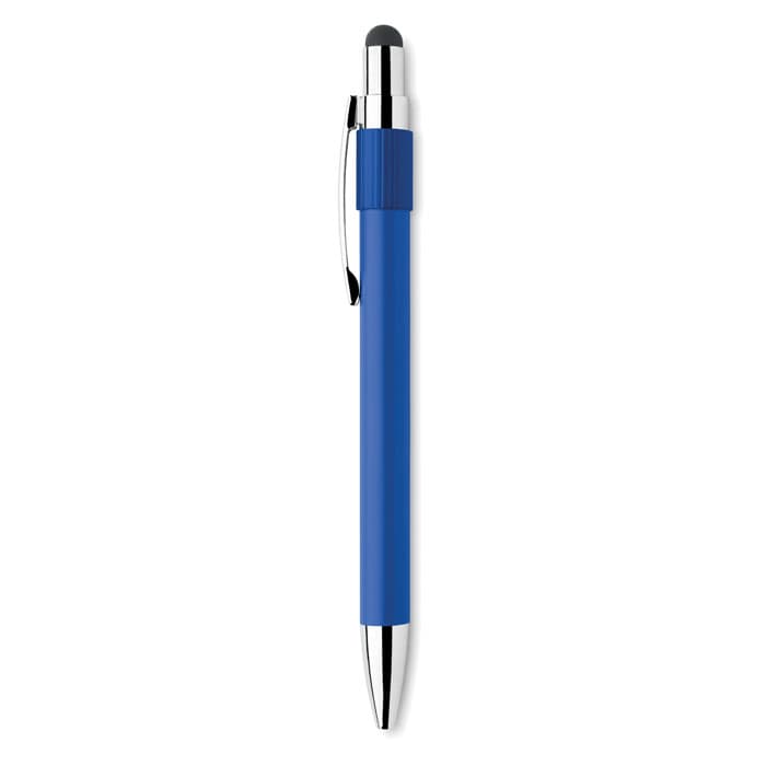 A blue pen with a chrome clip and tip, featuring a stylus on the top. It has a smooth, matte finish.