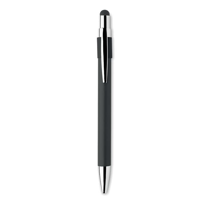 A black and silver pen with a smooth finish and stylus tip, featuring a sleek, elegant design.