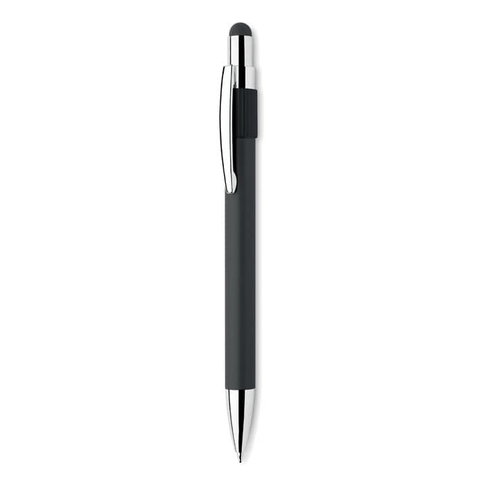 A pen with a sleek black body, chrome accents, and a stylus tip for touchscreen use. It features a logo on the side.