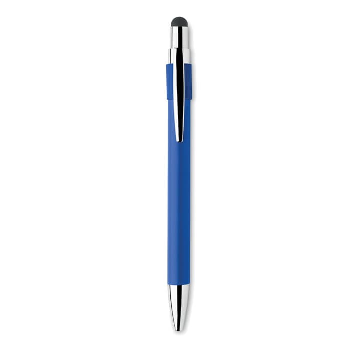 A blue pen with a silver accent and a stylus tip, featuring a sleek design and a logo.