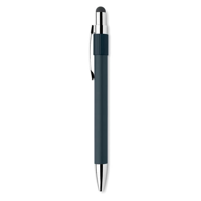 A pen with a dark blue barrel, chrome accents, and a stylus tip at one end. It has a branding logo.