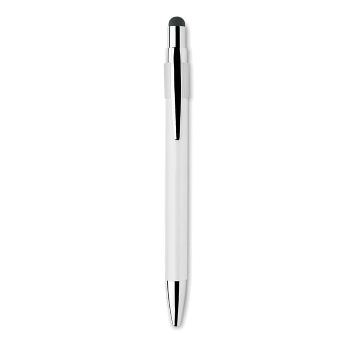 A pen with a white barrel, silver accents, and a black stylus tip at the top. It features a logo on the side.